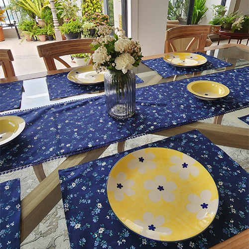 Blue Floral Runner and 6 Blue Floral Placemats Set