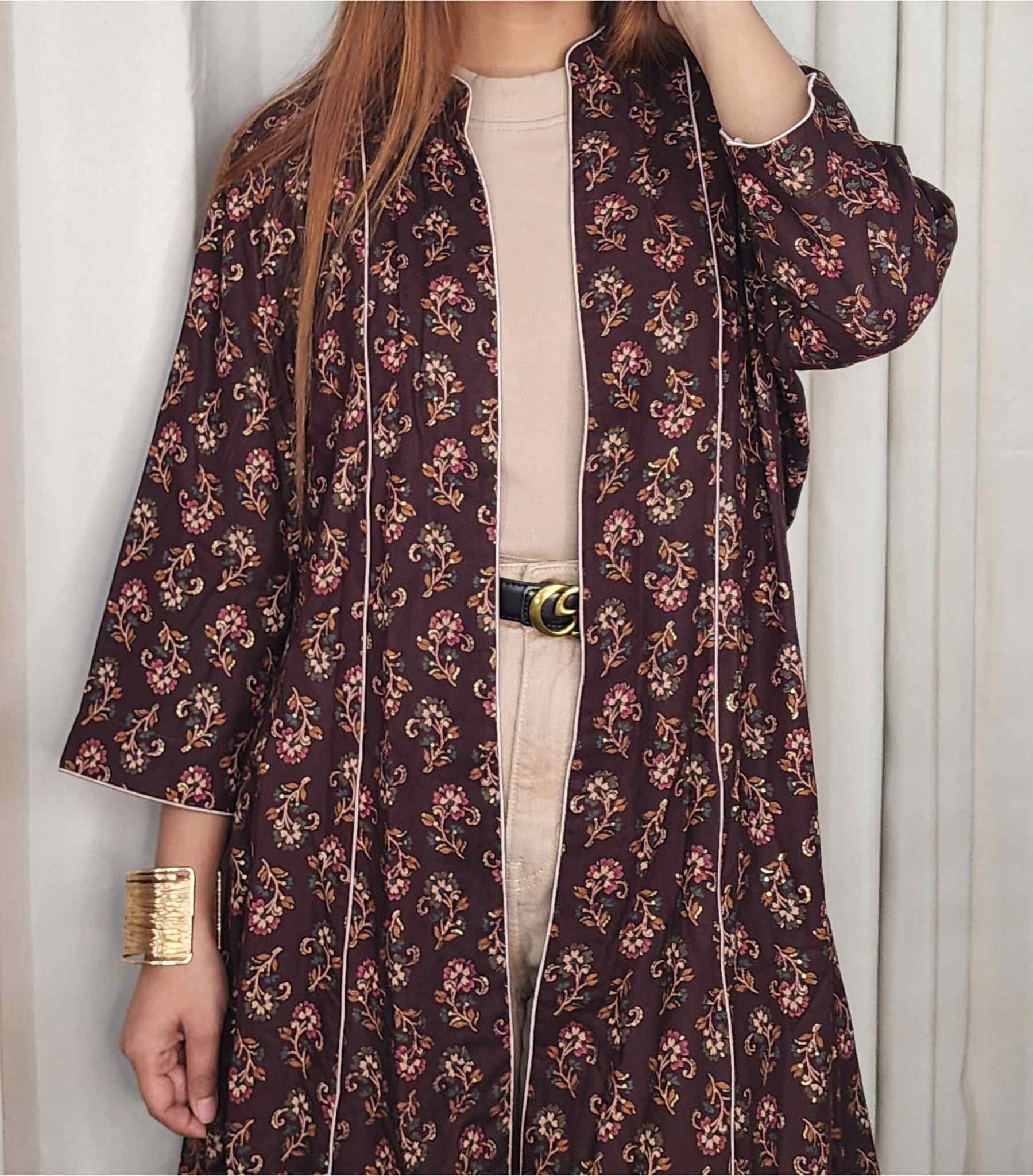 Brown Floral Cotton Long Shrug