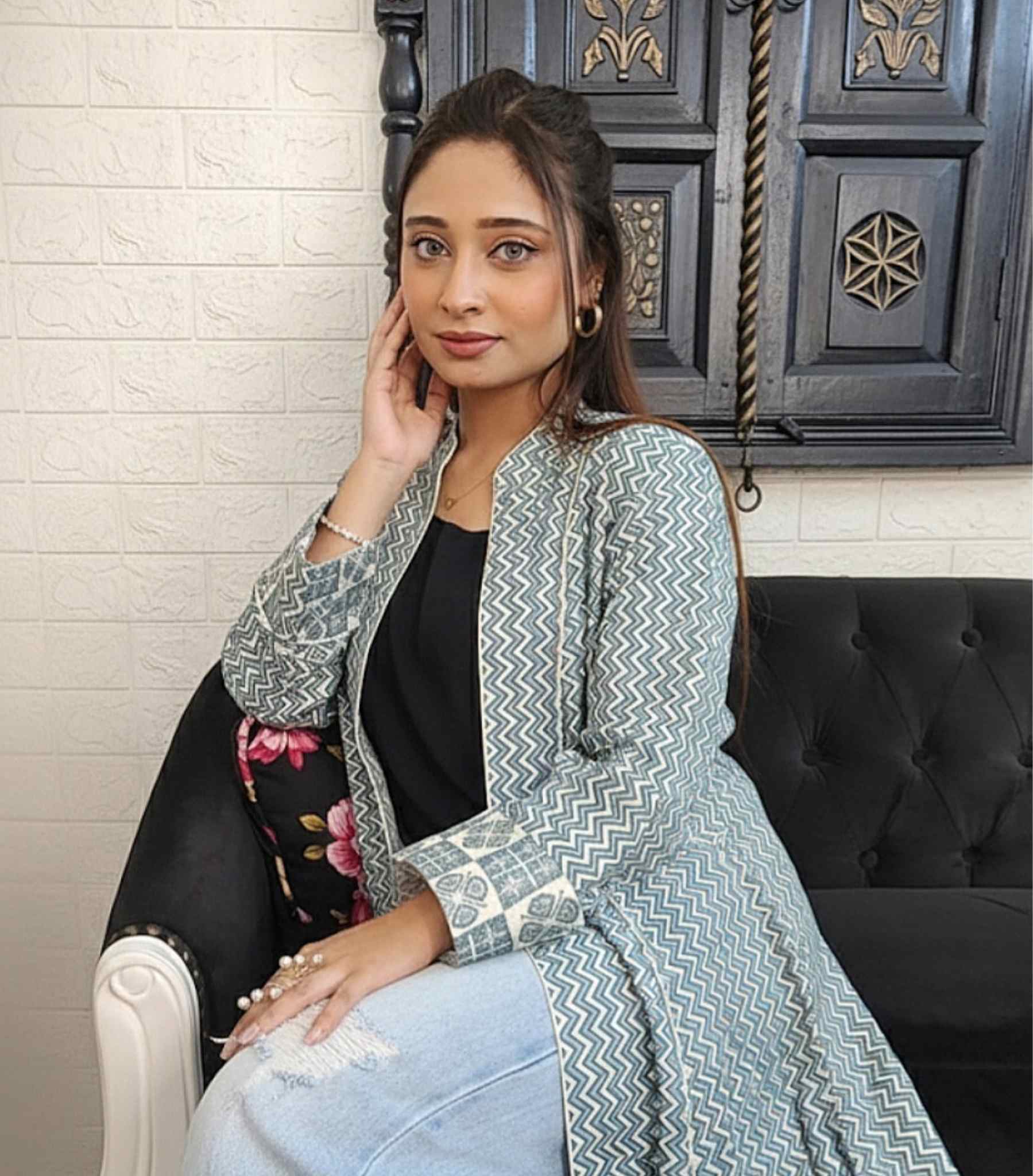 Blue Zigzag Bombay Cotton Long Shrug