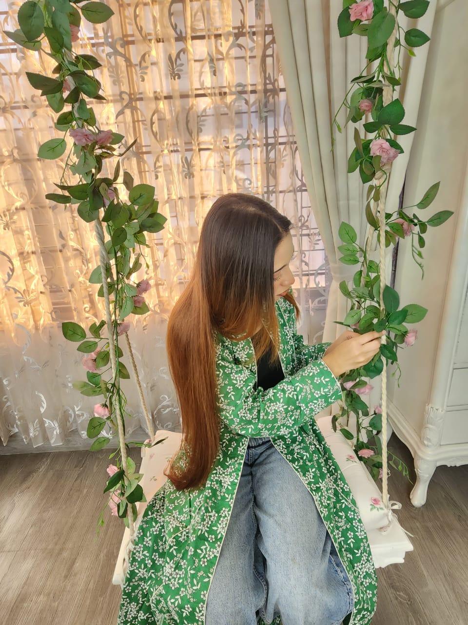 Green Floral Long Shrug